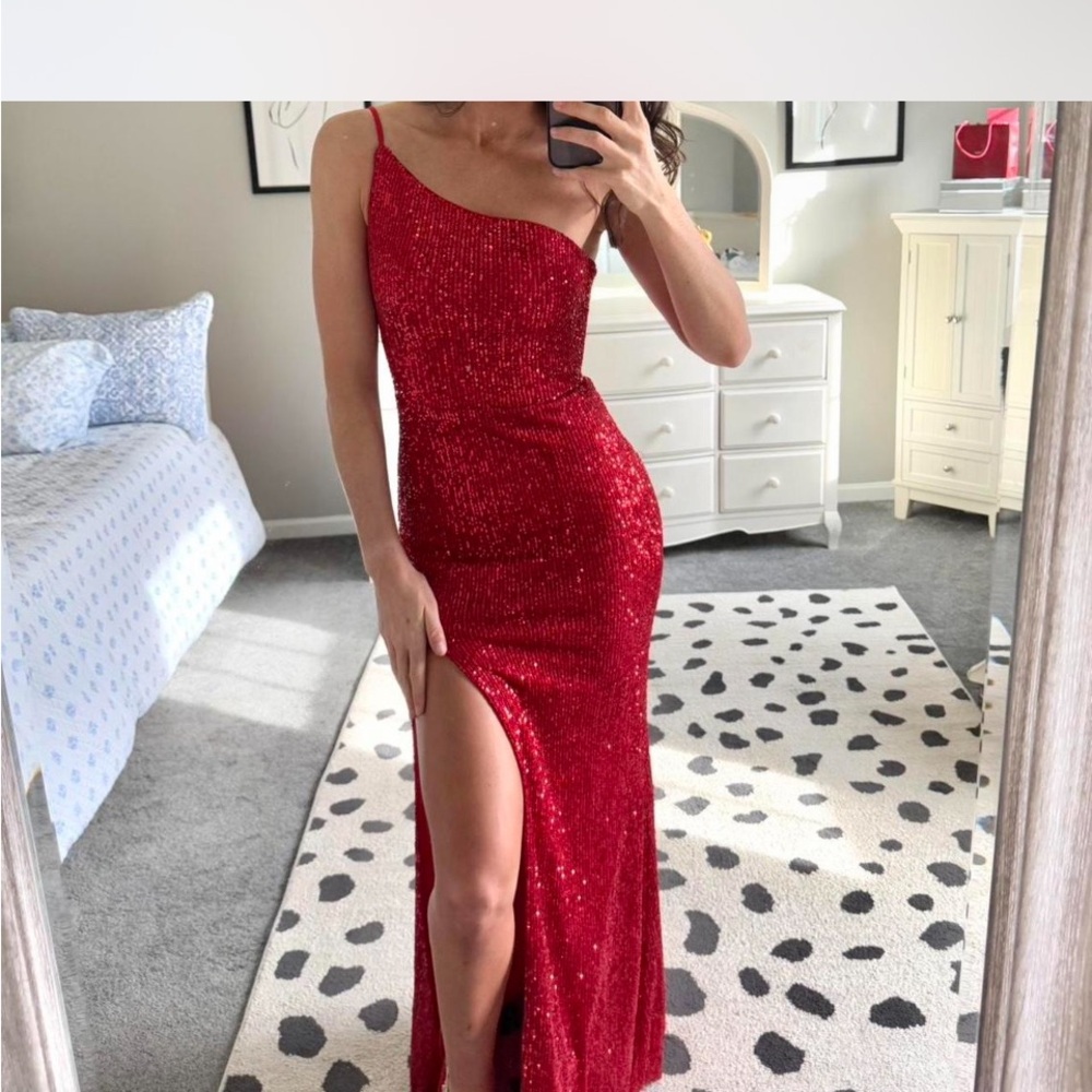 La Femme Red One-Shoulder Ruched Gown